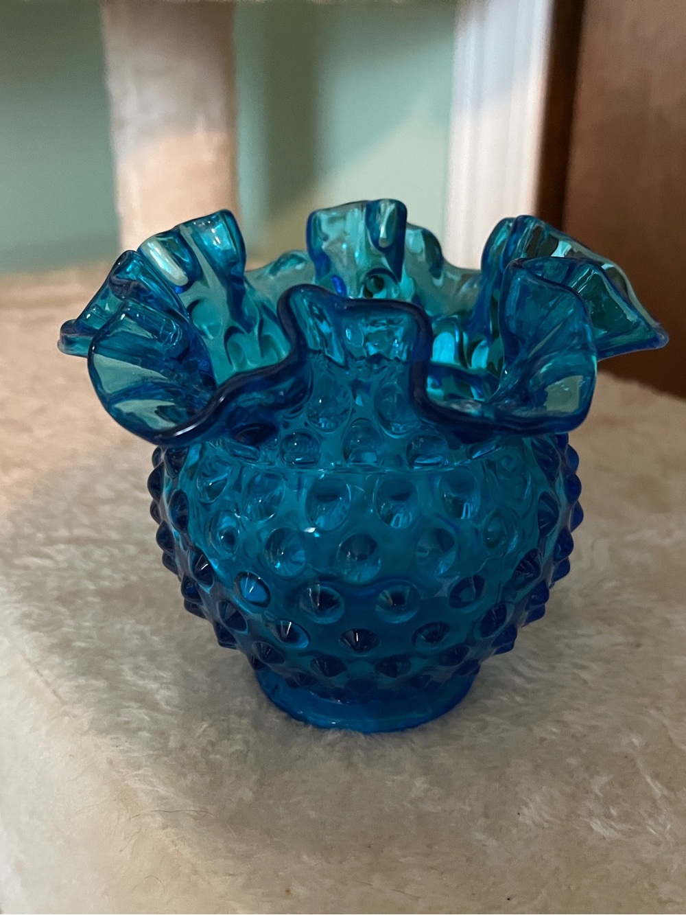 Fenton Blue Hobnail Ruffled Glass Vase - Decorative Accent